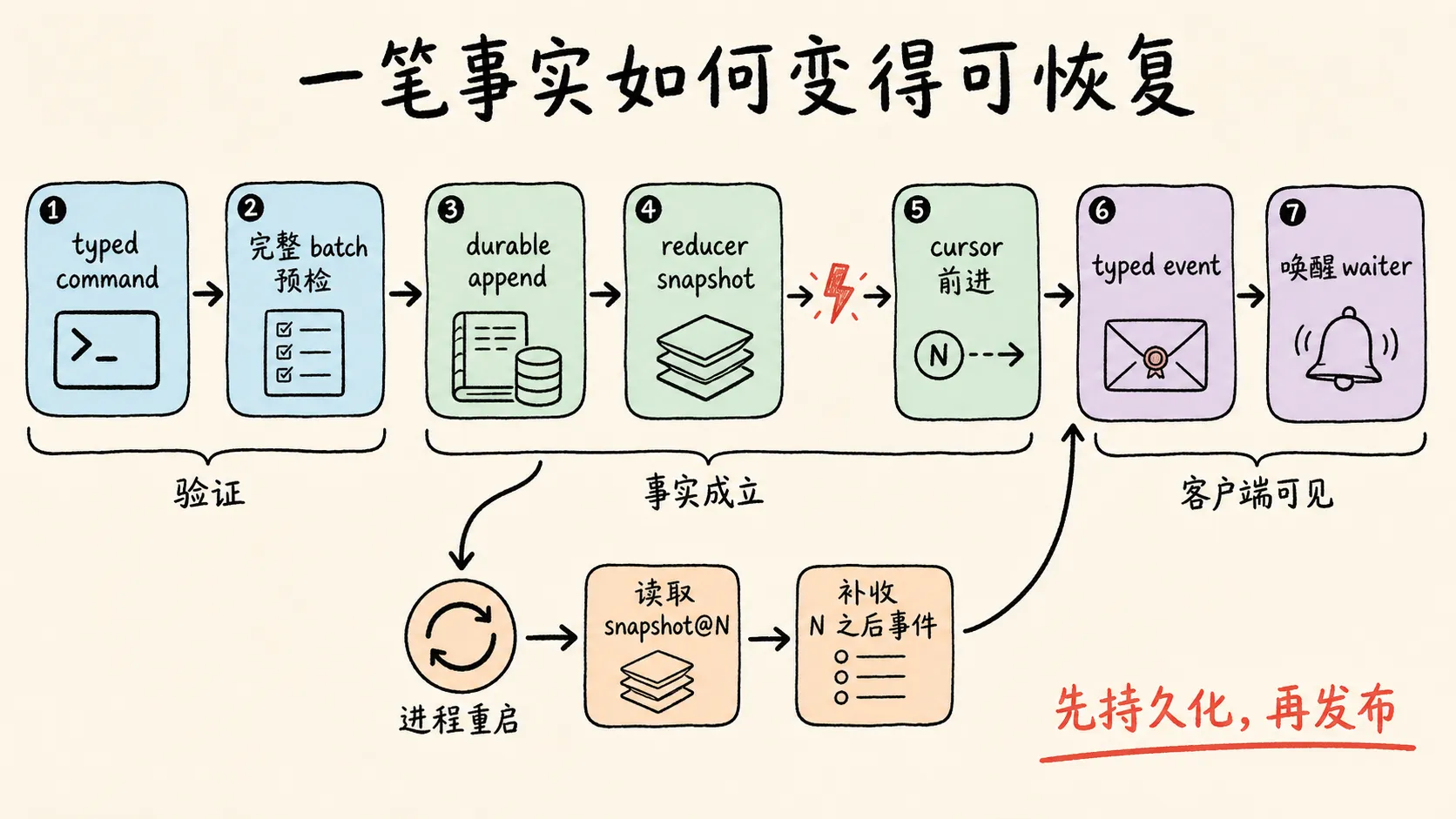 durable commit、snapshot cursor 与重启恢复流程