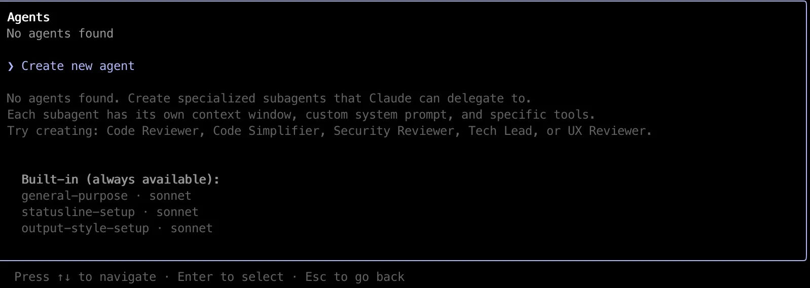 Claude Code 的 /agents 子代理管理界面