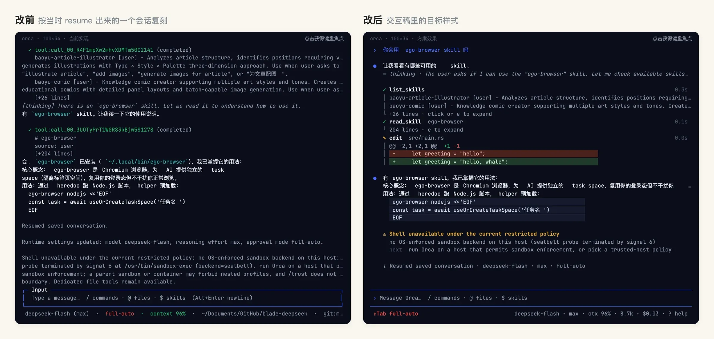 交互稿里的对话区。左边是改前:工具行只剩 call id,thinking 和工具输出都是裸文本,通知和正文同一个权重;右边是改后:角色 gutter、一行 thinking、│ 左栏、edit 行带 +1 −1 和 diff