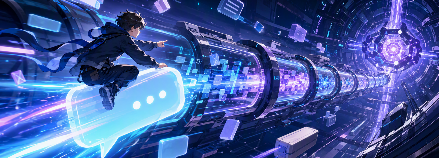 [图片占位：一条消息从输入框出发，经过 Inbox、turn、System Prompt 拼装、LLM Service、流式chunk，最终到达模型。蓝鲸工程师骑着消息气泡穿越管道。色调：荧光蓝+紫色流光。]